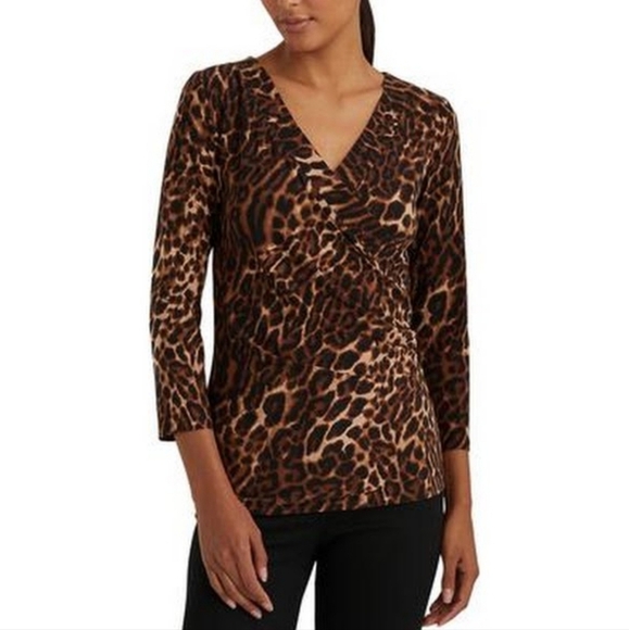 Lauren Ralph Lauren Leopard Print V Neck 3/4 Sleeve Women's Blouse Size L NWOT - Picture 1 of 8